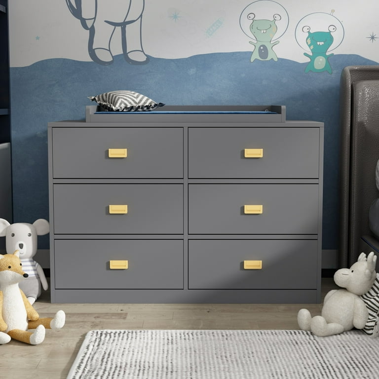 TQ Dresser 6 Drawers With Baby Changing Table In White Grey Golden Handle 45.1 W Grey