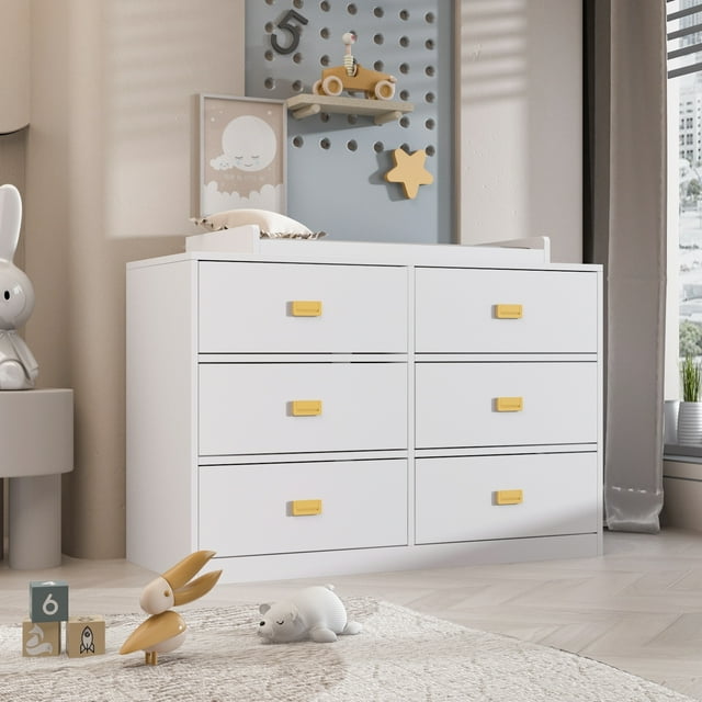 TQ Dresser 6 Drawers With Baby Changing Table In White/Grey Golden