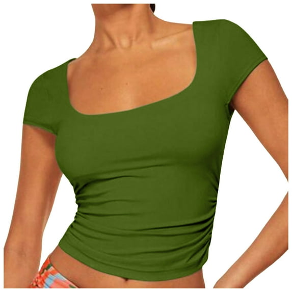 TQFXJ421SJ Women T-Shirts with Short Sleeve Basic Square Neck Crop Tops Slim Fit Vacation Outfits Trendy Green XL