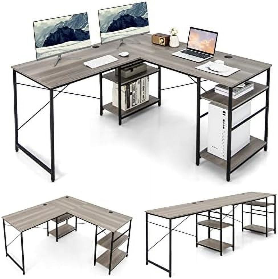 TQJKLFDY LShaped Corner Desk Convertible Computer Desk with 4Tier Shelves & 3 Cable Holes
