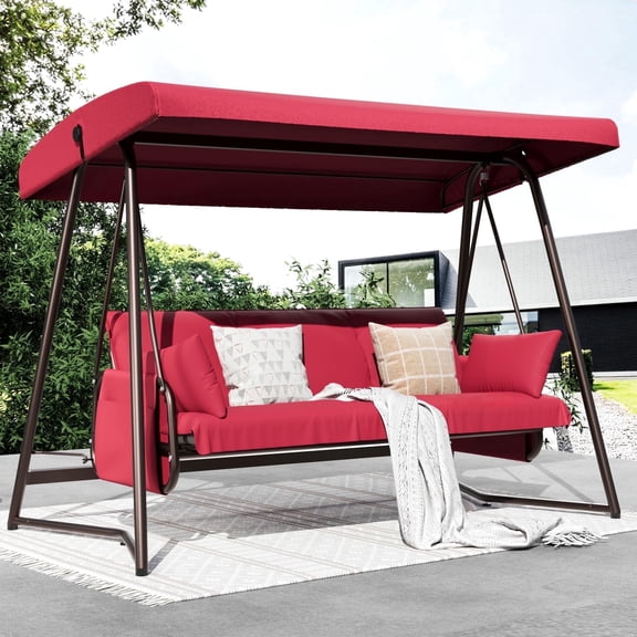 TQKVIPI 3-4 Seat Outdoor Porch Swing with Adjustable Canopy Patio Swing Bed with Stand Large Swing Glider Bench Chair Outside 800 lbs with Removable Cushions for Yard Garden Poolside Balcony