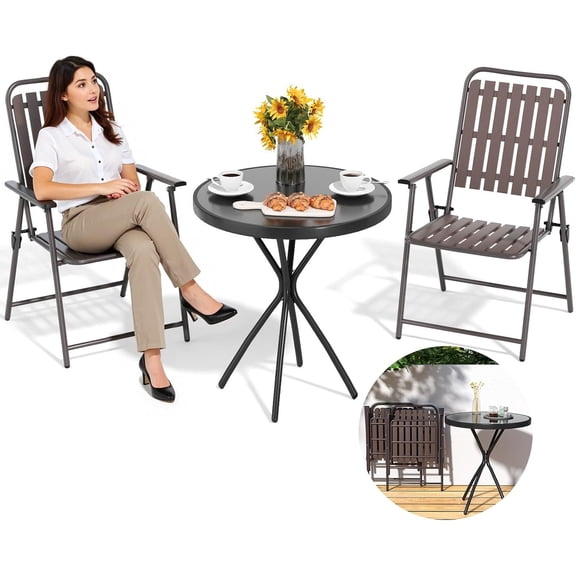 TQKVIPI 3-Piece Patio Bistro Set, Outdoor Folding Bistro Table and Chairs Set of 2 Patio Dining Furniture Set No Assembly Furniture Anti Rust Outdoor Indoor for Bistro Balcony Porch Yard Garden Brown