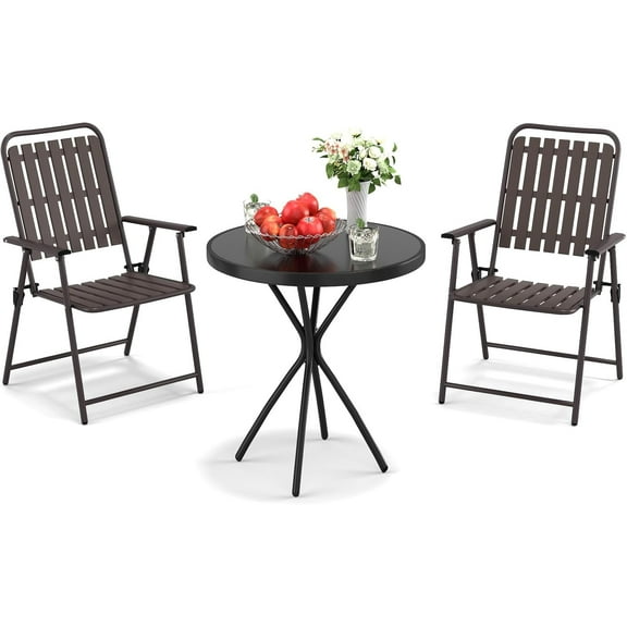 TQKVIPI 3-Piece Patio Bistro Set, Outdoor Folding Bistro Table and Chairs Set of 2 Patio Dining Furniture Set No Assembly Furniture Anti Rust Outdoor Indoor for Bistro Balcony Porch Yard Garden Brown