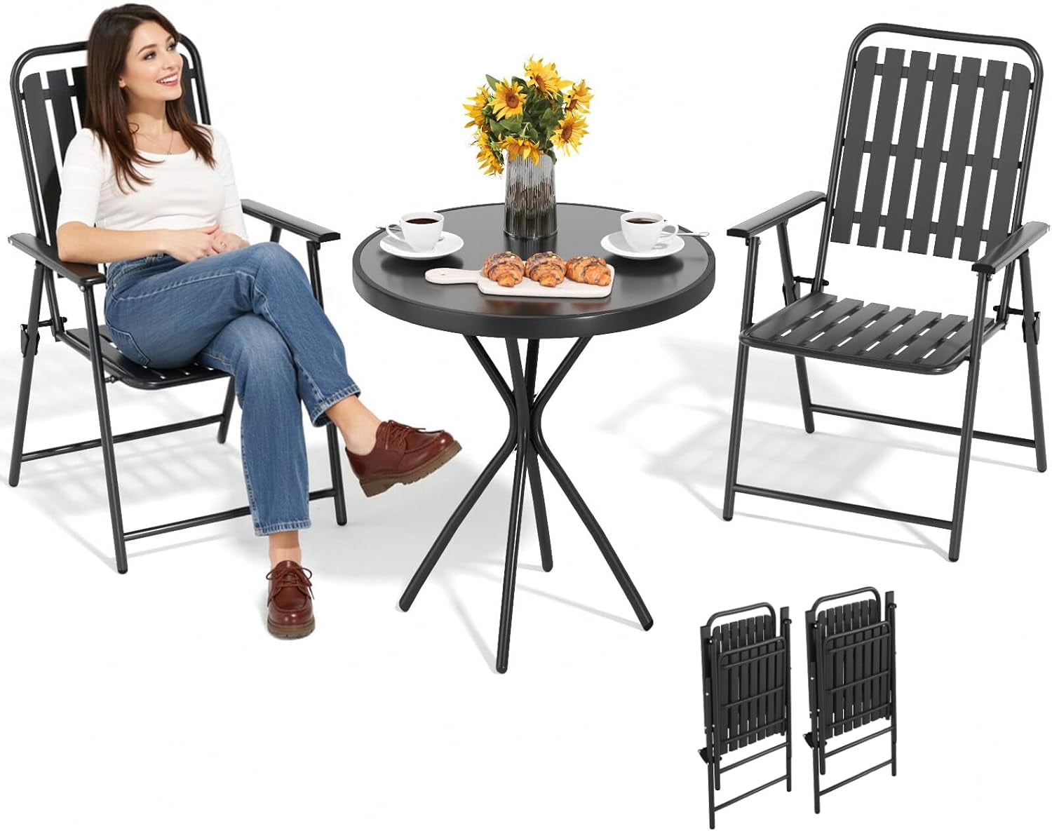 TQKVIPI 3-Piece Patio Bistro Set Outdoor Folding Furniture No Assembly ...