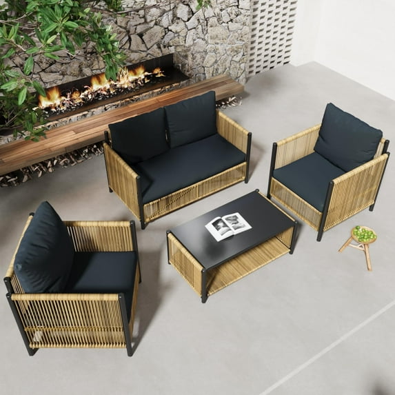 TQKVIPI 4-Piece Patio Furniture Set Outdoor Furniture with Thick,Removable & Washable Cushion,Patio Conversation Sets for Backyard Porch Balcony (2 Armchair+Loveseat+Table)