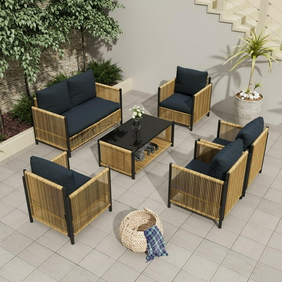 TQKVIPI 6-Piece Patio Furniture Set Outdoor Furniture,Patio Conversation Set with Thick,Removable & Washable Cushion for Backyard Porch Balcony (4 Armchair+1 Loveseat+1 Table)