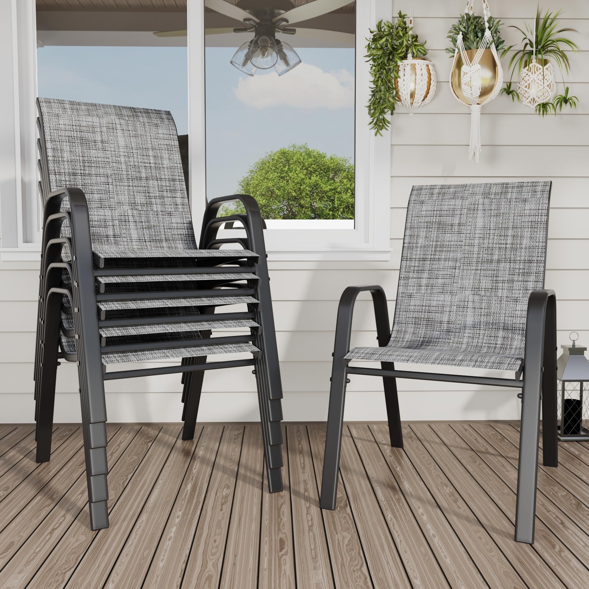TQKVIPI Outdoor Patio Chairs Set of 6 Stackable Dining Chairs All-Weather Textilene Furniture Set for Pool Deck, Backyard, Garden