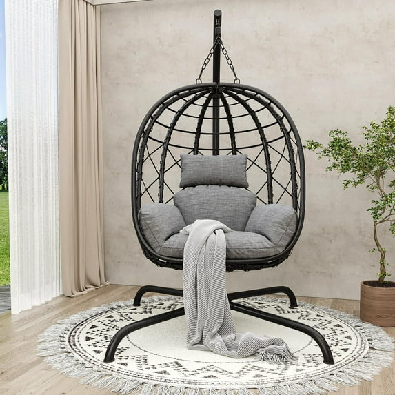 TQKVIPI Wicker Egg Chair Outdoor Indoor,Foldable Patio Hanging Egg Chair with Stand,Swing Chair with UV Resistant Cushion 350lbs Capacity for Bedroom, Patio, Garden and Balcony (Black+Light Grey)