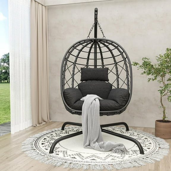 TQKVIPI Wicker Egg Chair Outdoor Indoor,Foldable Patio Hanging Egg Chair with Stand,Swing Chair with UV Resistant Cushion 350lbs Capacity for Bedroom, Patio, Garden and Balcony (Black+Dark Grey)