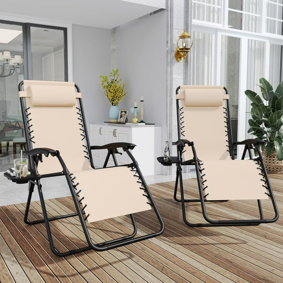 TQKVIPI Adjustable Zero Gravity Chairs Set of 2 with Cup Holder & Removable Pillows, Outdoor Folding Reclining Patio Lounge Chairs, Anti Gravity Lounger for Poolside, Lawn, Beach, Camping