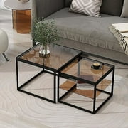TQNJYGX Nesting Coffee Table  with High-Low Combination Design Modern Black Tempered Glass  with Metal Frame  Length Adjustable 2-Tier Center&End Table for Living Room
