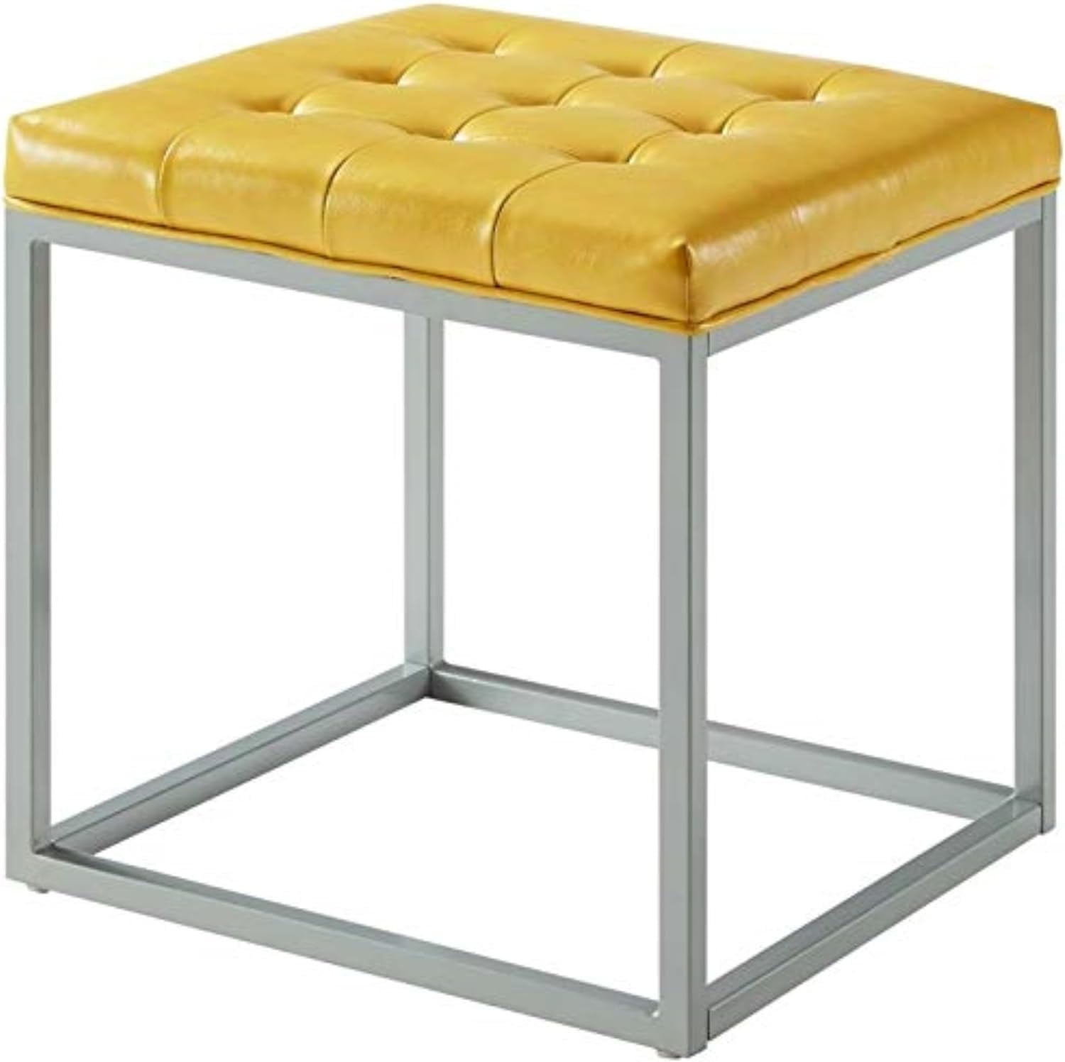 Contemporary Yellow PU Leather Tufted Ottoman with Silvertone Frame