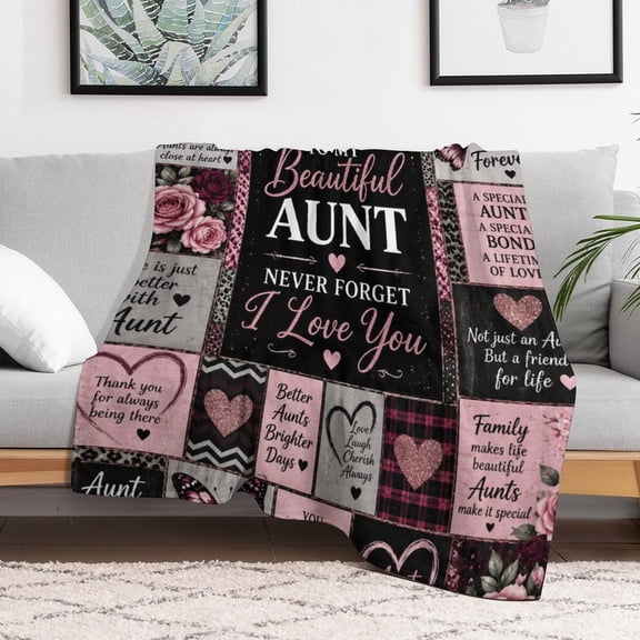TQT Beautiful Aunt Pink Patchwork Heart Flannel Fleece Throw Blanket for Aunts from Niece Nephew, Gift for Auntie