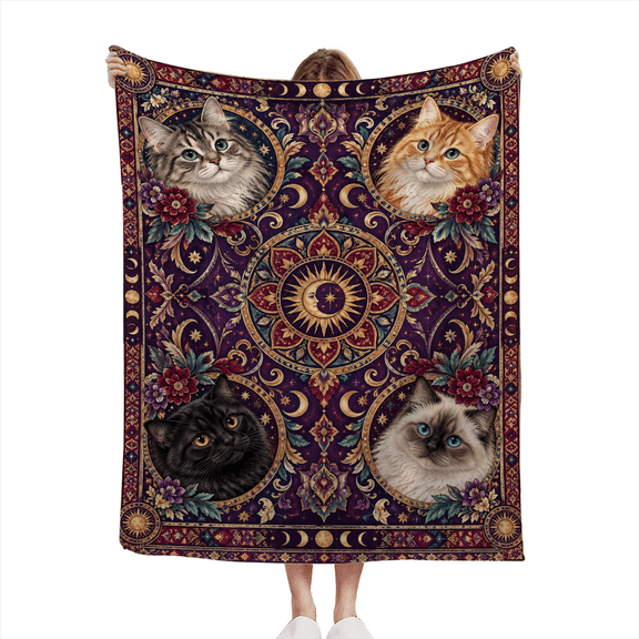 TQT Celestial Cat Throw Blanket, Sun Moon Mystic Kitten Print Soft Reversible Flannel Blanket, All Season Cozy Blanket for Bed Sofa Camping Travel