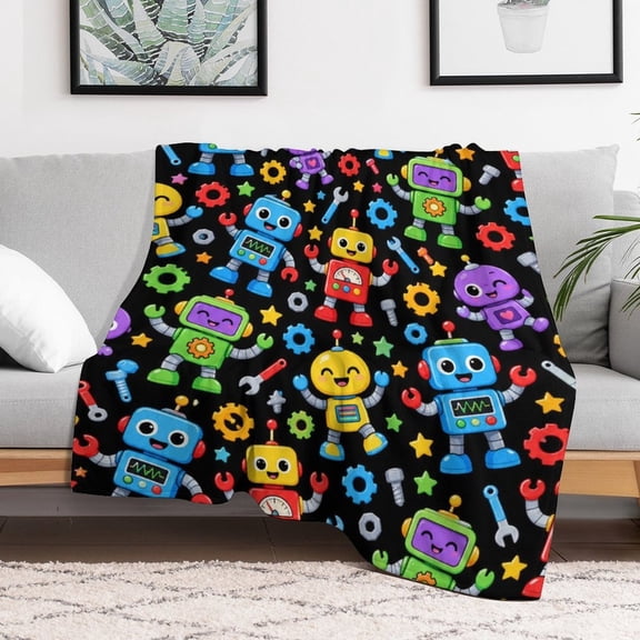 TQT Colorful Cartoon Robot Gear Flannel Fleece Throw Blanket for Kids Boys, Fun Space Engineering Blanket