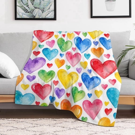 TQT Watercolor Rainbow Hearts Throw Blanket, Love and Kindness Gift