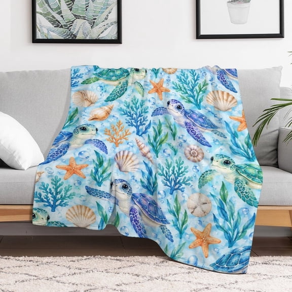 TQT Watercolor Sea Turtle Ocean Throw Blanket, Nautical Kids Blanket