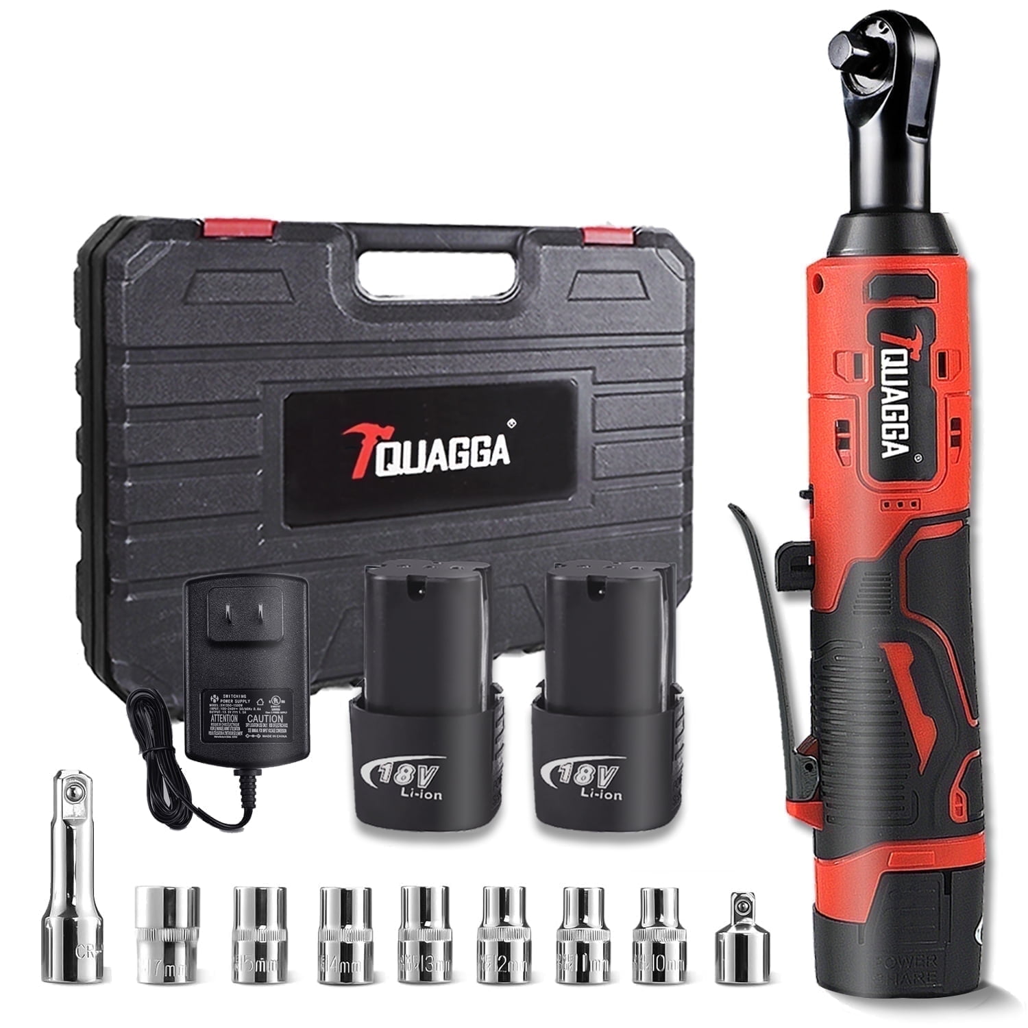 TQUAGGA 3/8" Drive Size Cordless 18V Battery, 57NM Electric Ratchet with 9 Piece Accessories