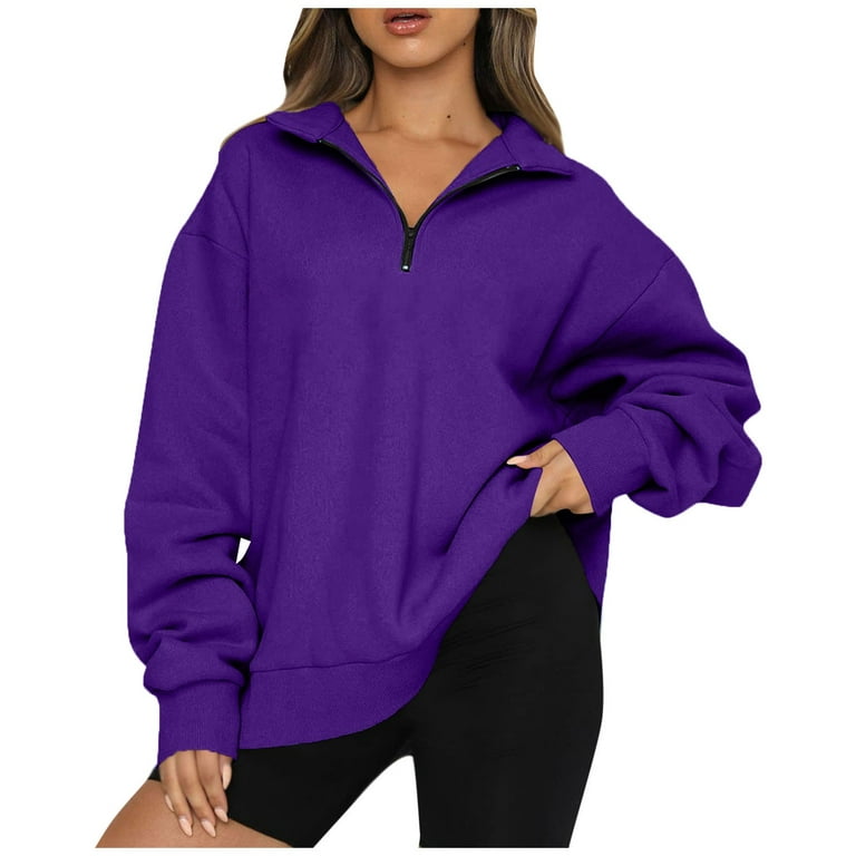 TQWQT 1/4 Zip Pullover Women Half Zip Pullover Sweatshirts Quarter Zip Oversized  Fleece Hoodies Teen Girls Y2k Fall Winter Clothes,Purple,M 