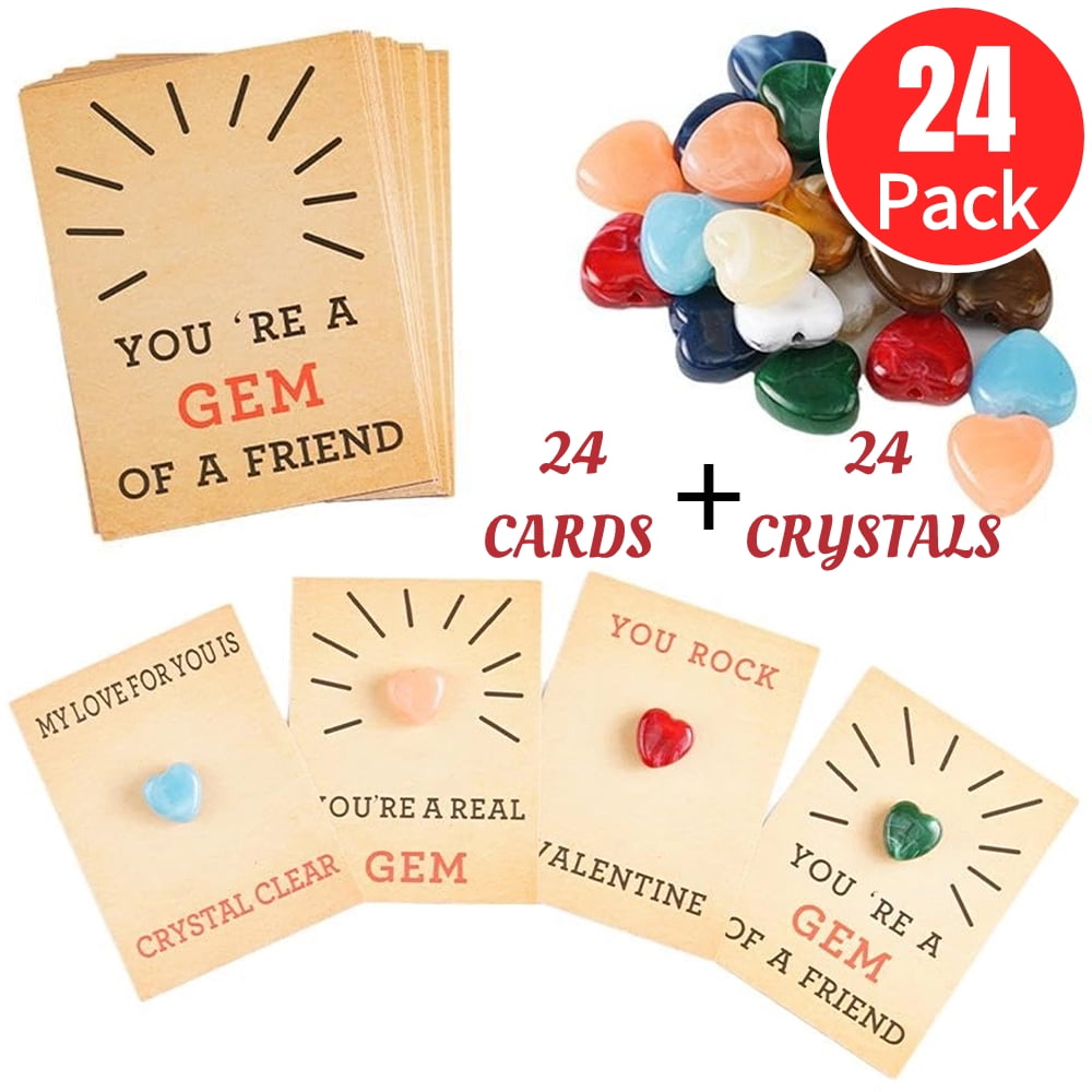 TQWQT 24 Pack Valentines Cards with Heart Shape Crystal Stones ...