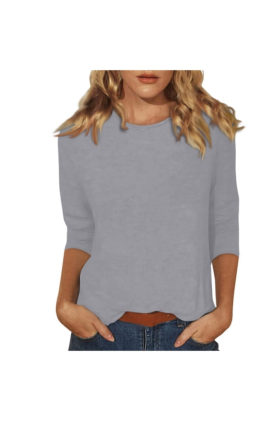 3/4 Length Sleeve Womens Tops Casual Loose Fit Crewneck T Shirts Cute Solid Three Quarter Length Tunic Tops Gray 3XL
