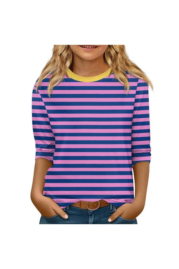 TQWQT 3/4 Sleeve Shirts for Girls Size 10-12 Striped Girls Tops Tween Girls Clothes Kids Crew Neck Cute Tee Shirt Trendy Fall Outfits Purple 11-12 Years