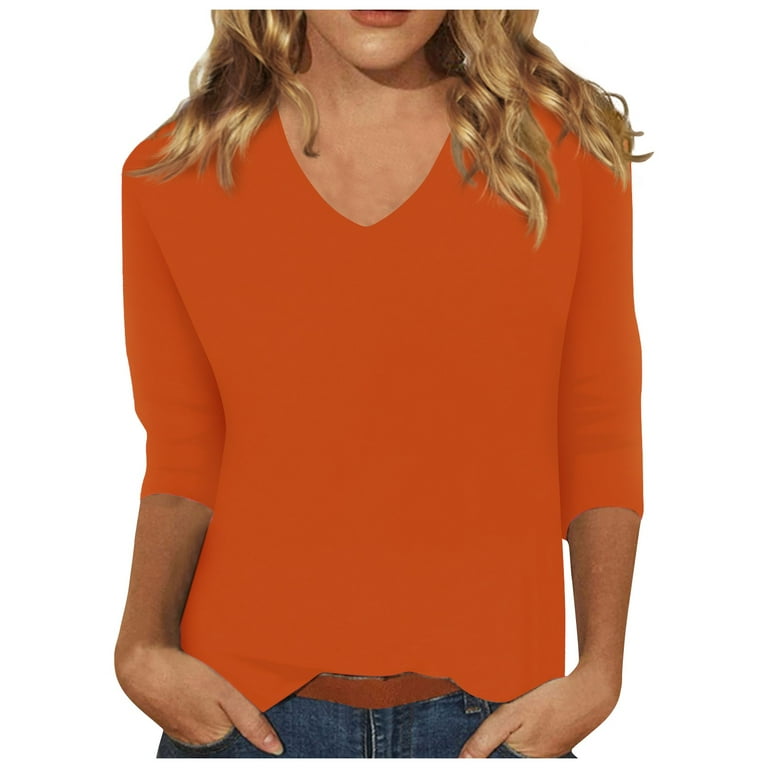 Women 3/4 Sleeve V neck Solid Color T-shirt Women 3/4 Sleeve V neck Solid Color T-shirt