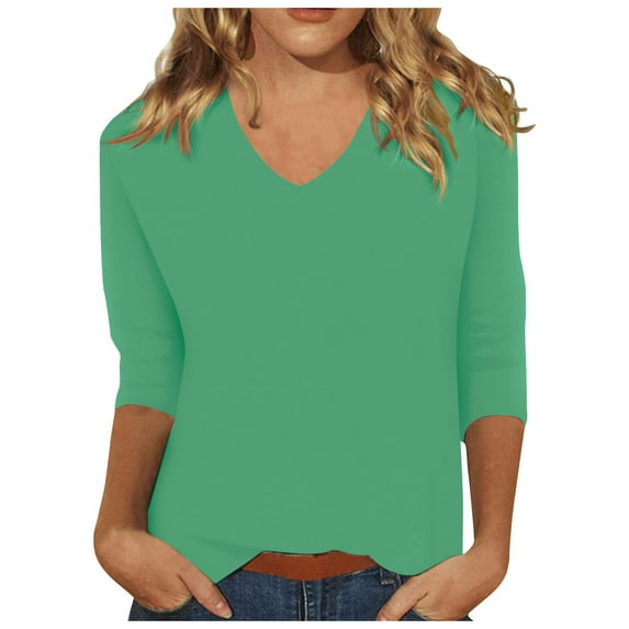TQWQT 3/4 Sleeve Tops for Women Casual Solid Color V Neck T Shirts Loose Fit Solid Three Quarter Length Tunic Top Green 2XL