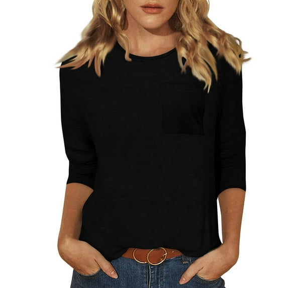 TQWQT 3/4 Sleeve Tops for Women Casual V Neck Shirts Summer Crewneck T Shirt Simple Loose Fit Tee Blouses Trendy Solid T-shirts Black XL