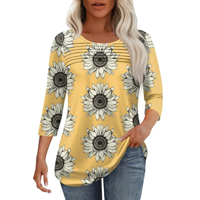 TQWQT 3/4 Tops for Women Pleated Shirt Plus Size Work Blouse Scoop Neck 3/4 Length Sleeve Dressy Casual Cute Tops Spring Outfits Trendy Clothes Hot Pink 2XL