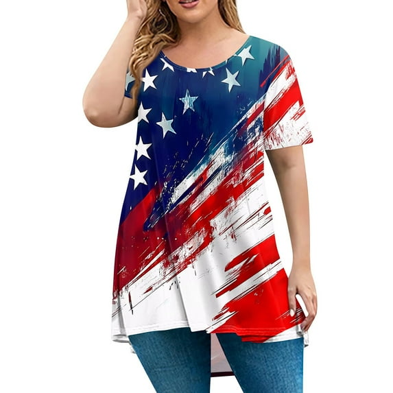TQWQT 4th of July Plus Size Tops for Women 4x-5x Stars Stripes Short Sleeve Tops American Flag Crew Neck T Shirts Loose Patriotic Trendy Tunics