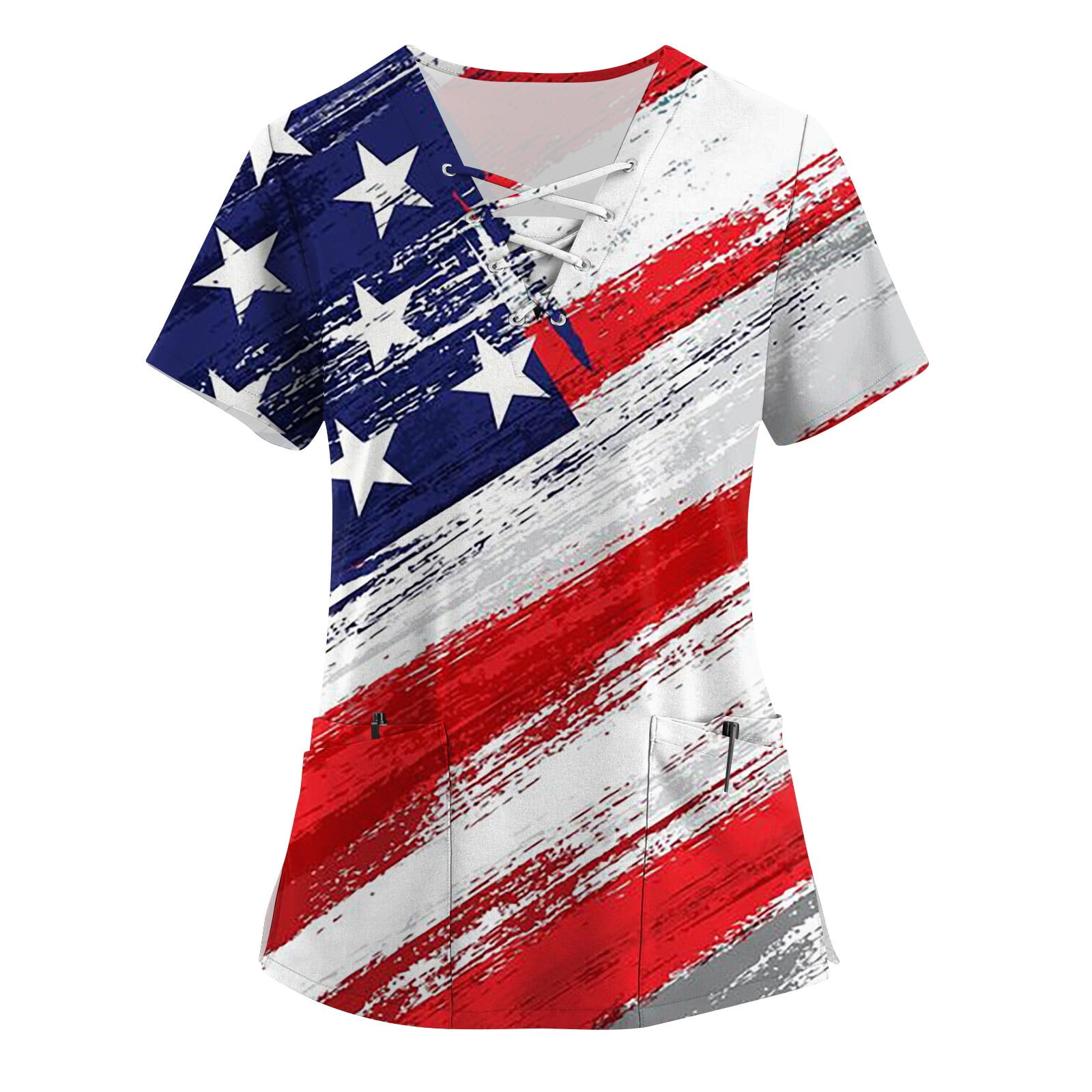 Women's American Flag Leopard Love Heart T-Shirt - 4th Of July Patriotic Top, White Grey, X-Large