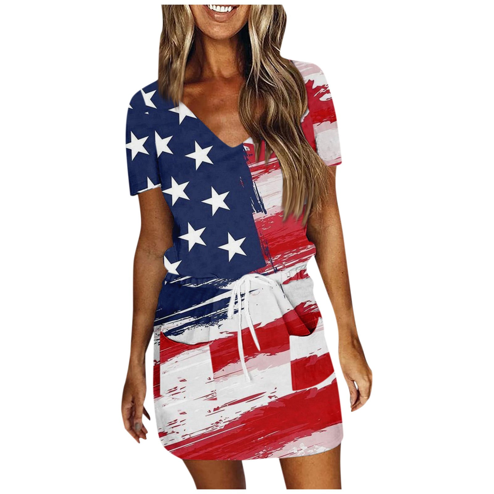 TQWQT 4th of July Summer Dresses for Women 2024 Vacation Loose Comfy USA Flag Summer Dresses V Neck Short Sleeve Beach Dress with Pockets Blue XXL Walmart