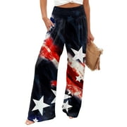 TQWQT 4th of July Women Linen Palazzo Pants American Flag Print Summer Casual Loose High Waist Wide Leg Long Lounge Pant Trousers with Pocket Black L