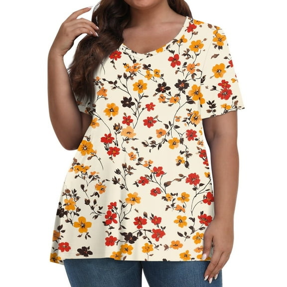TQWQT Womens Plus Size Tops Short Sleeve Summer Shirts Floral Print Blouses V Neck Tunic Loose Fit Casual Tunic Tops Saffron 5XL