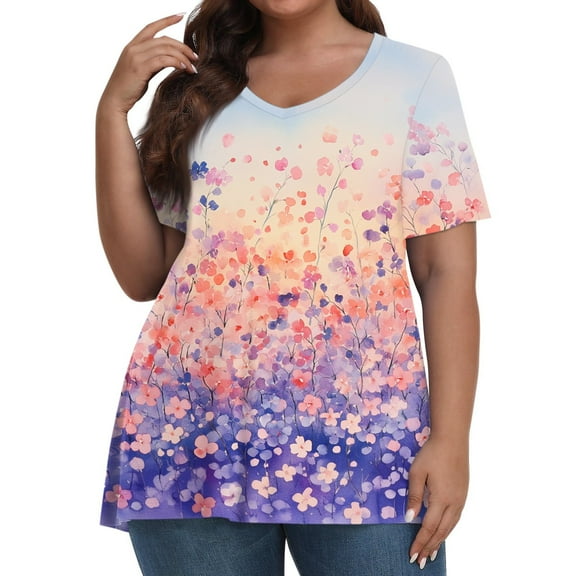 TQWQT Women Plus Size Tops 4x-5x Summer V Neck Tunic Shirts Floral Graphic T-Shirt Short Sleeve Tunics Shirts Loose Fit Casual Clothes for Women Purple Pink 2XL