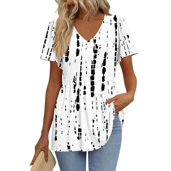 TQWQT Babydoll Tops for Women Plus Size Vneck Peplum Short Sleeve Blouses Color Block Flowy Shirt Puff Sleeves Tunic Top Beach Vacation Clothes Light Gray XL