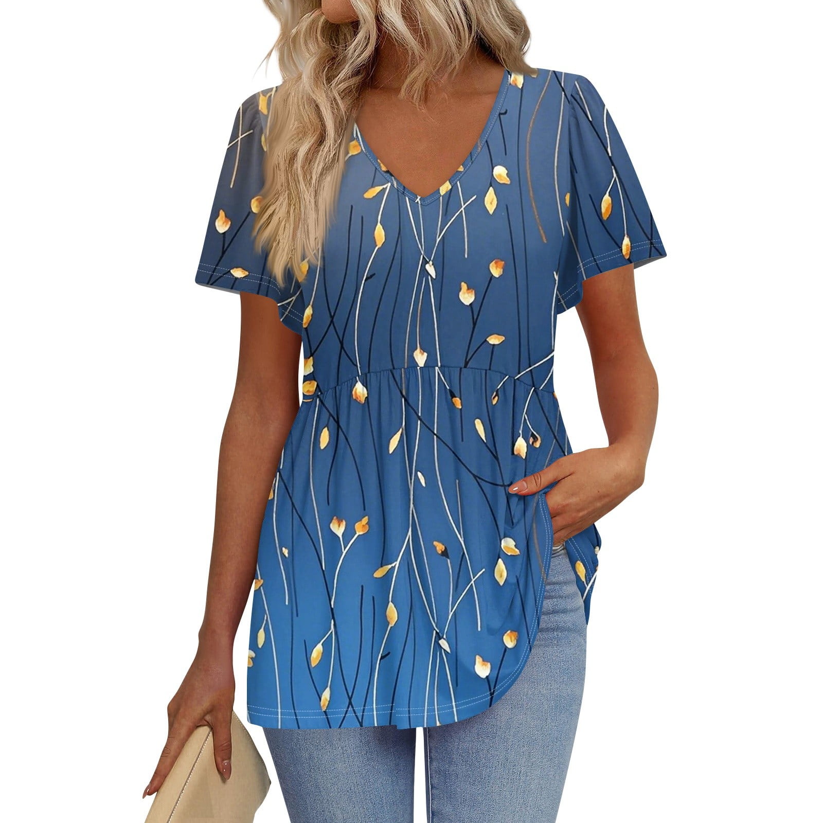TQWQT Babydoll Tops for Women V-Neck Short Sleeve Peplum Blouse Floral ...