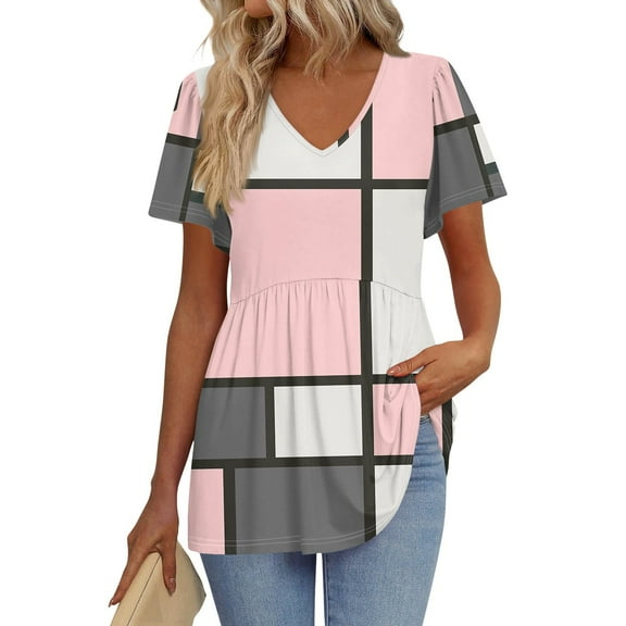 TQWQT Babydoll Tops for Women V-Neck Short Sleeve Peplum Tops Loose Puff Sleeve Color Block Blouses Casual Tunic Top Plus Size Maternity Clothes Pink 3XL