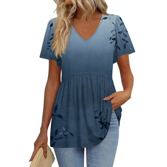 TQWQT Babydoll Tops for Women V Neck Short Sleeve Peplum Blouse Floral Print Cute T-Shirts Fashion Tunic Top Beach Vacation Clothes Dark Blue L
