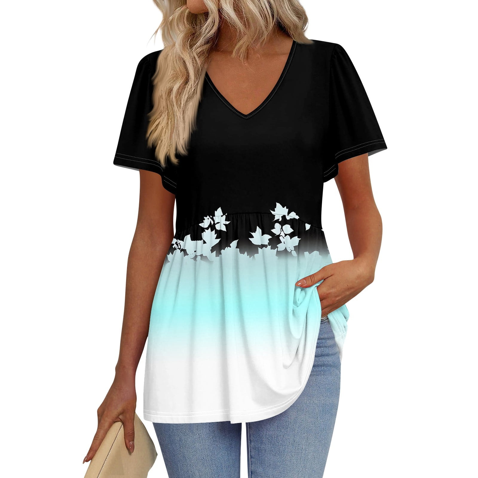 TQWQT Babydoll Tops for Women V Neck Short Sleeve Peplum Blouses Floral ...