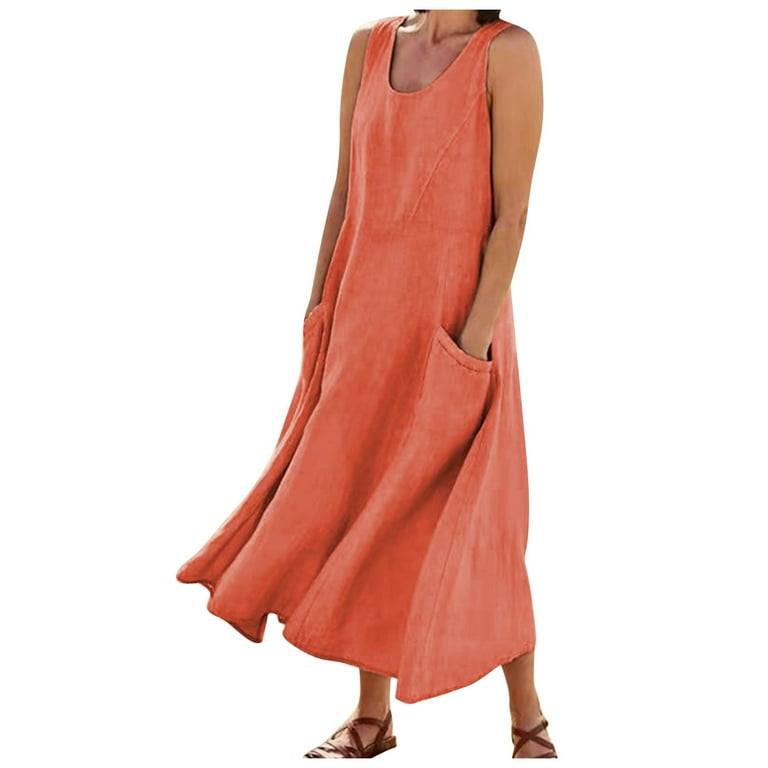 TQWQT Beach Dresses for Women Cotton Linen Maxi Dress Summer Casual Loose  Fit Thin Sleeveless Crewneck Long Beach Tank Dresses with Pockets,Orange M