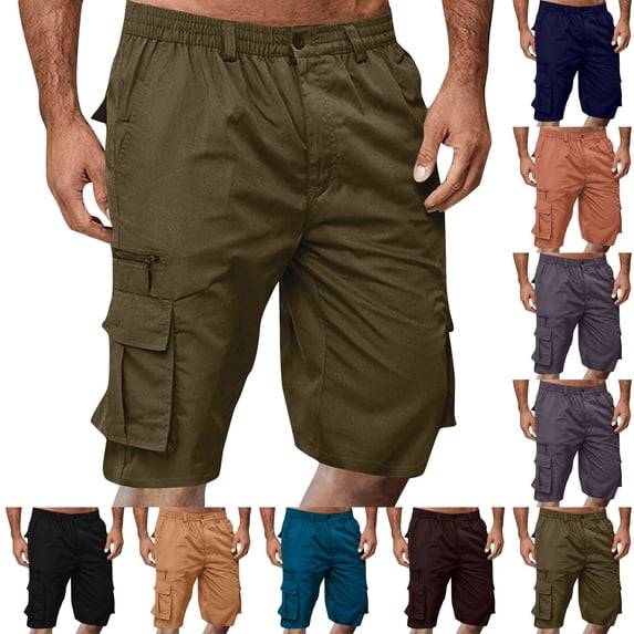 TQWQT Bermuda Cargo Shorts for Men Big and Tall Casual Knee Length Elastic Waist Bermuda Shorts with 6 Pockets Coffee 2XL