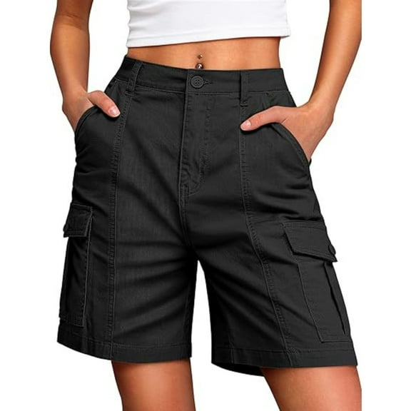 TQWQT Bermuda Shorts Women Cargo Shorts High Waisted 7 Inch Inseam Hiking Shorts Dressy Casual Long Shorts with 6 Pockets Black M