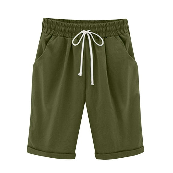 TQWQT Bermuda Shorts for Women Cotton Drawstring Shorts Knee Length Wide Leg Trendy Summer Plus Size Shorts Dressy Casual Long Shorts with Pockets Army Green L