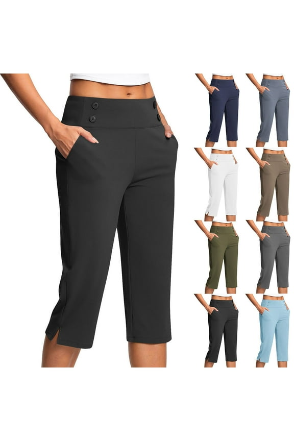 TQWQT Black Capris for Women High Waist Capris Exercise Capri Yoga Pants with Pockets Tummy Control Black Leggings Straight Leg Athletic Workout Capris XL