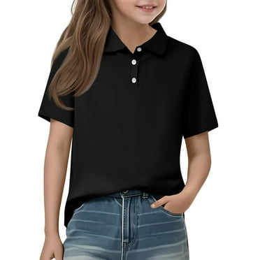 TQWQT Black Golf Polo Shirts for Girl Size 5-6 Short Sleeve Polo Shirts Summer Button Down Collared Uniform Shirts Casual Tops Loose Basic Tees 120