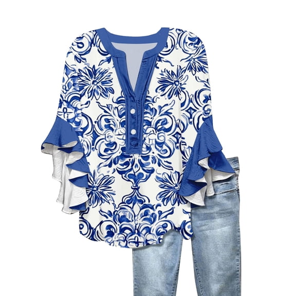 TQWQT Blouses for Women Vneck Ruffle 3/4 Length Sleeve Button Up Summer Tops Trendy Floral Dressy Casual Blouses Fashion Tunic Top Beach Vacation Clothes Royal Blue M