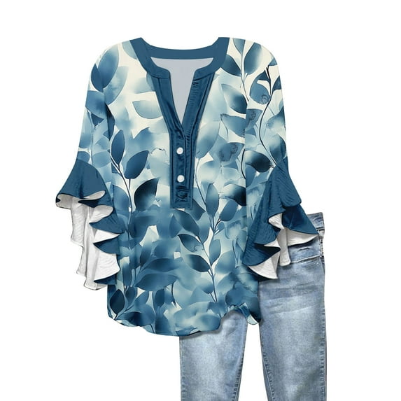 TQWQT Blouses for Women Ruffle 3/4 Length Sleeve Button Down Shirts V-Neck Tunic Top Fashion Trendy Tops Dressy Casual Blouse Summer Outfits Blue S