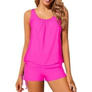 TQWQT Blouson Tankini Swimsuits for Women with Shorts Strappy Bathing Suits Two Piece Swimwear